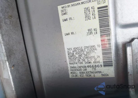 2010 Nissan Altima 2.5 S z USA, uszkodzony, nr VIN 1N4AL2APXAN466869